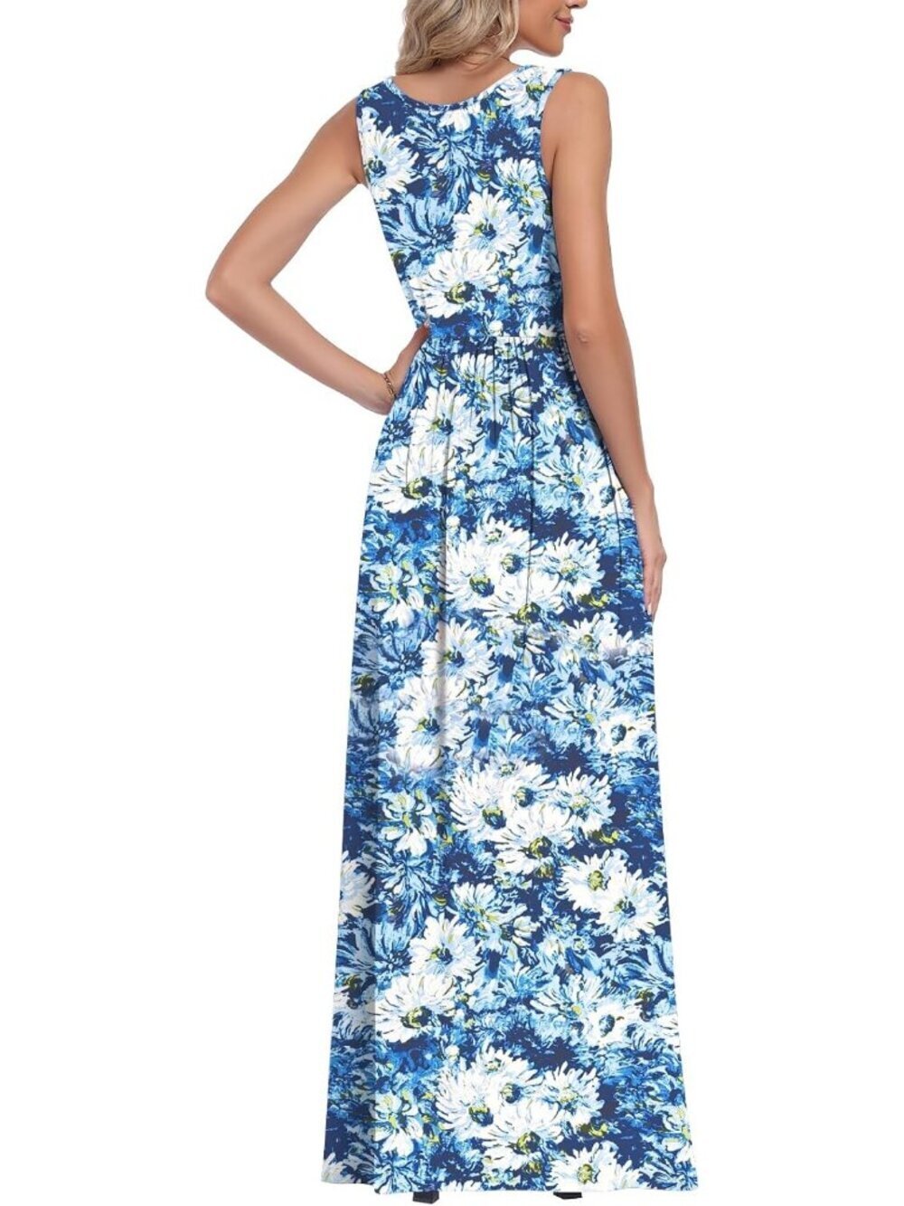 Women's Blue White Chrysanthemum Sleeveless Stylish Beach Vacation Maxi Dress - Picture 5 of 5